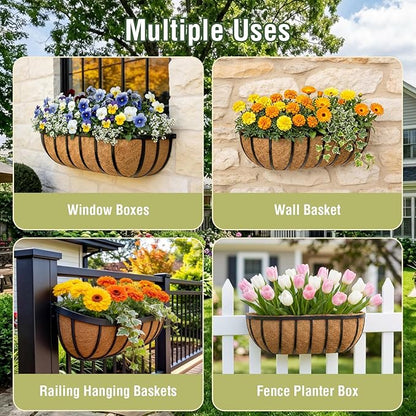2 Pcs 24 Inch Trough Coco Liner for Window Box, 100% Natural Half Moon Coconut Coir Planter, Replaceable Coconut Fiber Liner for Window Boxes & Fence Flower Baskets (2, 24 inch)