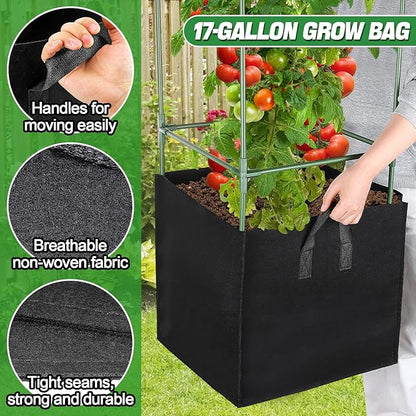 ANPHSIN Tomato Cages with 17 Gallon Grow Bags - 46'' Heavy-Duty Plant Support Cage Kit, Garden Pots with Square Plant Trellis for Flowers Vegetables Cucumber Vertical Climbing Vines, 2 Sets