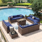 Aoxun 15 Piece Patio Furniture Set with 44” Fire Pit Table Wicker Rattan Outdoor Sectional Sofa Set with Coffee Table and Thickened Cushions, Blue (Waterproof Cover Included)