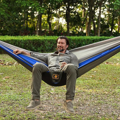 Camping Hammock, Portable Hammocks with Mosquito Net,Lightweight Nylon Parachute Hammock with 10ft Tree Straps,Camping Gear Must Haves for Travel Hiking Backpacking Beach Patio-Deep Grey&Blue