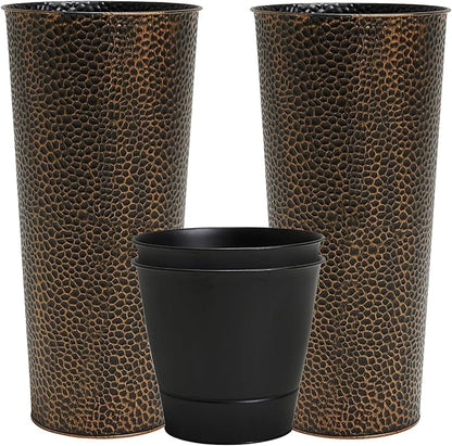 Worth 2 Pack 28" Tall Narrow Metal Planter with Inside Pot for Indoors or Outdoors, Deck, Patio or Front Porch, Hand-Hammered Texture, Bronze