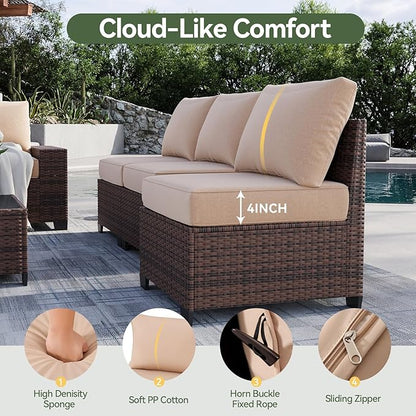 Aoxun 7 Piece Patio Furniture Set with Wide Armrests & 44” Fire Pit Table Wicker Rattan Outdoor Sectional Sofa Set with Coffee Table and Thick Cushion, Khaki (Waterproof Cover Included)