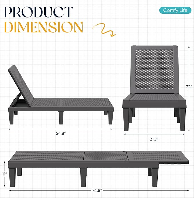 Greesum Outdoor Chaise Lounge Chairs Set of 4 with 5-Position Adjustable Backrest, Waterproof PP Sun Loungers for Garden Pool Beach Patio Deck Sunbathing, Grey