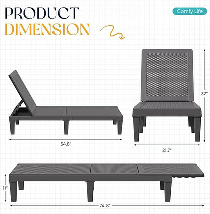 Greesum Outdoor Chaise Lounge Chairs Set of 4 with 5-Position Adjustable Backrest, Waterproof PP Sun Loungers for Garden Pool Beach Patio Deck Sunbathing, Grey
