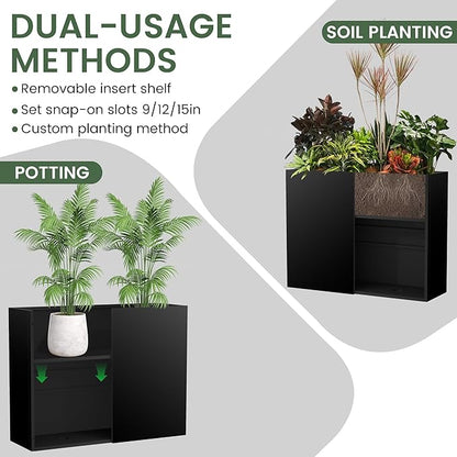 All-Weather Large Metal Planter Box,30" Lx10“Wx24”H Rectangular Planter with Drainage Holes & Removable Shelf,Modern Tall Outdoor Planters for Tall Small Plants, Trees, Flowers,Garden Patio