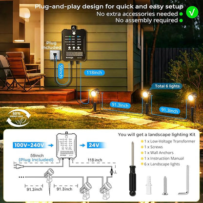 Plug and Play Low Voltage Landscape Lighting Kit, 6-Pack Wired Landscape Lights with Smart Transformer, Warm White Waterproof Outdoor LED SpotLights for Yard, Garden, Pathway, Tree