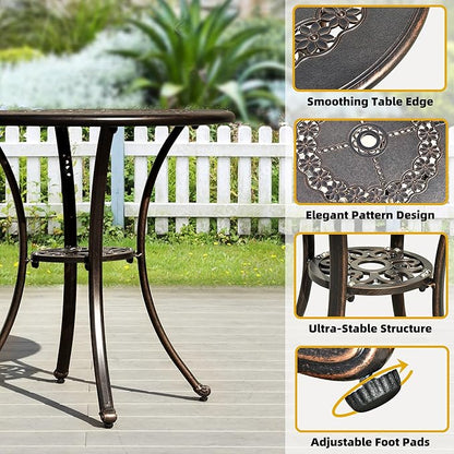 DWVO 25 Inches Round Patio Dining Table with Umbrella Hole, Antique Cast Aluminum Outdoor Bistro Table Outdoor Side Table for Backyard, Garden, Patio, Porch, Hammered Bronze