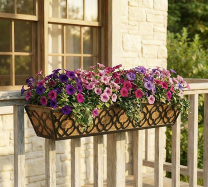 Y&M 4pcs 30" Horse Trough Window Boxes with Coconut Coir Liner, Black Metal Hanging Flower Planter Deck Railing Planter Boxes for Outdoor Indoor