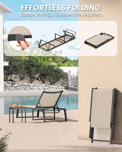 Aluminum Chaise Lounge Chair Outdoor, Foldable & No Assembly Patio Pool Lounge Chairs 5-Position Recliner for Outside Poolside, Fully Grounded Legs Sun Lounger for Beach, Yard, Khaki