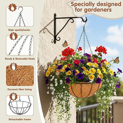 8 inch Metal Hanging Baskets For Plants Outdoor 4 Pack Round Metal Wire Hanging Basket Planter with Coco Fiber Liners Chain Round Wire Plant Holder for Garden, Patio, Deck, Porch Plants Flower Potss