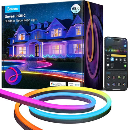 Govee Outdoor Neon Rope Lights, 65.6ft RGBIC IP67 Waterproof Outdoor Decorations with 64 Scene Modes, Music Sync, Flexible LED Lights, Neon Lights Work with Alexa, Google Assistant