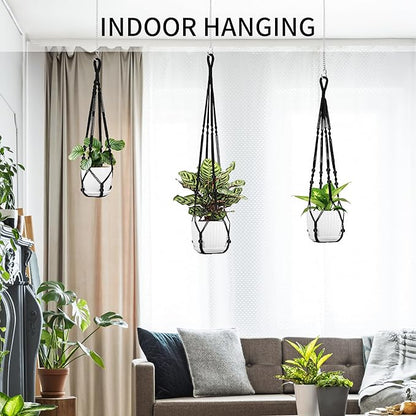 Macrame Plant Hanger - Fits 4 to 15 inches Pots for Indoor Outdoor, 43"/35"/29" Different Sizes Set, Black (POTS NOT Included)