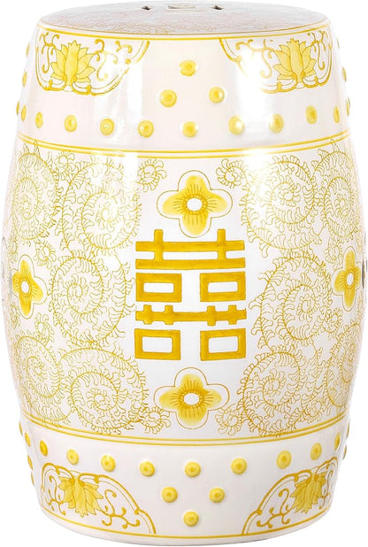 Decorative Garden Stools, 18-Inch Ceramic Drum Seat in Yellow and White