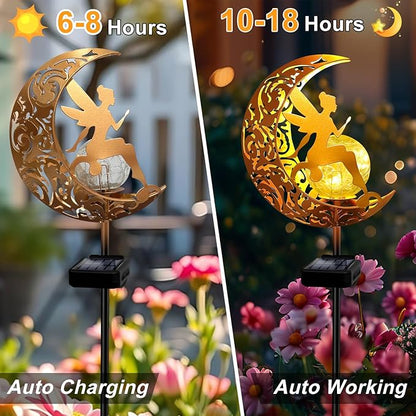 YJFWAL 2 Pack Garden Solar Lights Pathway Stake Lights Moon Fairy Glass Globe with Angel Decor, Birthday Christmas Gift for Mom Grandma Friends, Outdoor Decor Light Waterproof for Walkway, Yard, Patio