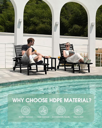 Lounge Chair Outdoor Set of 2, HDPE Chaise Lounge Outdoor, Pool Lounge Chair for Pool Poolside Deck Backyard Patio, Black
