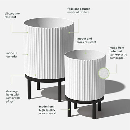 Veradek Demi Series Round Planter w/Stand for Porch/Patio | Durable Plastic-Stone Composite & Wooden Stand | Modern Décor for Tall Plants, Flowers