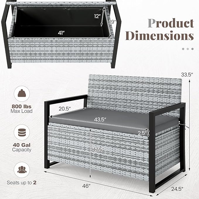 Patio Storage Bench, 43.5 in Wide PE Rattan, 40 Gallon Capacity