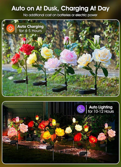 Brightown Outdoor Solar Garden Lights - 4 Pack LED Flower Lights with Realistic Rose, Bigger Solar Panel, Waterproof for Yard & Patio Decorations