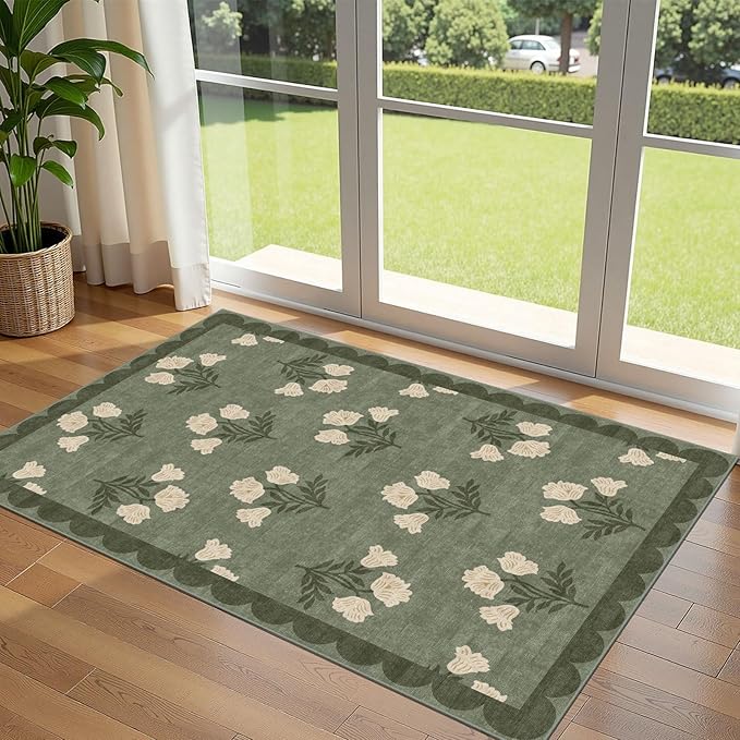 Outdoor Rug 3x5 Sage Green Floral Washable Entry Mat