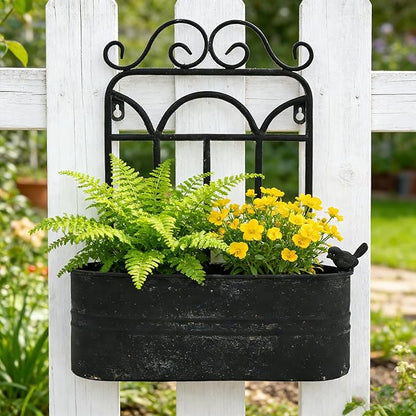 Rustic Metal Wall Planter Vintage Wall Mounted Flower Pot Distressed Wall Hanging Plant Basket Farmhouse Wall Decor for Indoor Outdoor Garden Home Yard (Black)