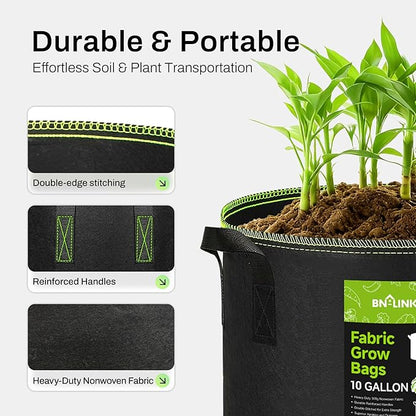 BN-LINK 5-Pack 5 Gallon Grow Bags, Heavy Duty Aeration Fabric Pots with Handles, Thickened Nonwoven Plant Bags for Vegetables, Flowers, Fruits