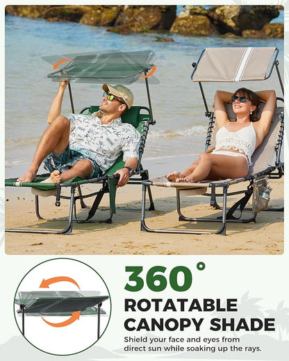 KingCamp 2 Pack Lounge Chair Outdoor with Canopy & Face Hole, Adjustable 5-Position Folding Chaise Tanning Recliner Portable Comfy Chaiser for Camping Outside Patio Pool Beach, Green/White