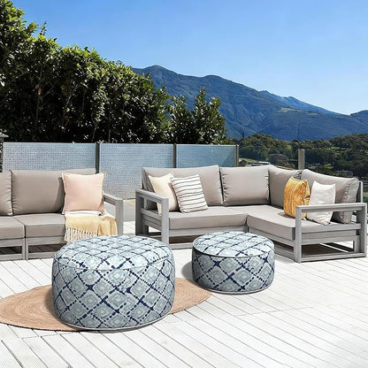 LVTXIII Outdoor Inflatable Ottoman, Fade-Resistant Round Footrest Stool D31”x H14”, Portable Patio Pouf for Garden Camping or Home Use, Boho Geometry Blue
