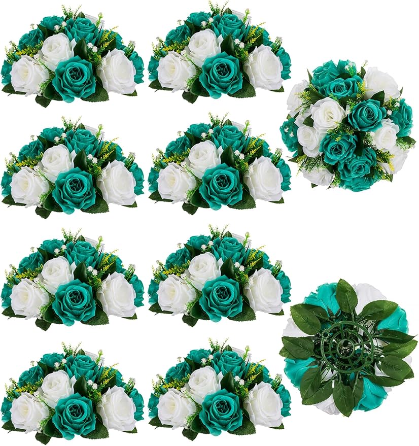 Artificial Flowers Silk Rose Flower Ball Centerpieces, Teal and White