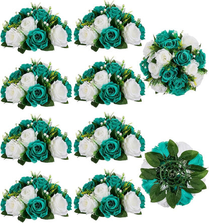 Artificial Flowers Silk Rose Flower Ball Centerpieces, Teal and White