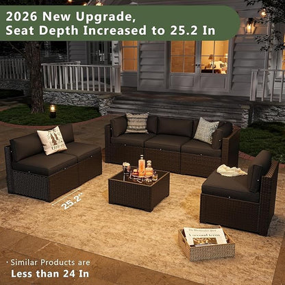 Aoxun 7 Piece Patio Furniture Set, Wicker Rattan Patio Sectional Sofa, Outdoor Furniture Set with Thickened Cushion, Black