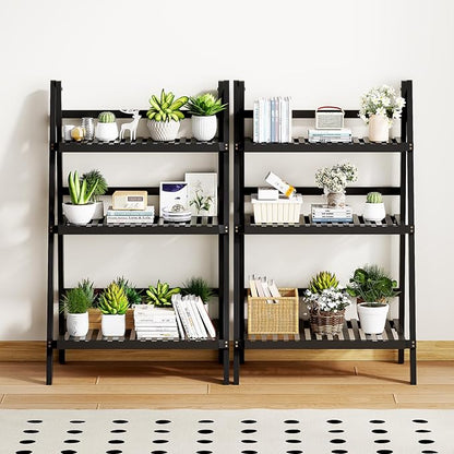 39.4" Foldable Plant Shelf Ladder Shelf, 3 Tier Bamboo Ladder Flower Pot Display Shelf, Freestanding Ladder Bookshelf for Garden, Balcony, Yard, Living Room, 23.6" W x 15" D x 39.4" H, Black