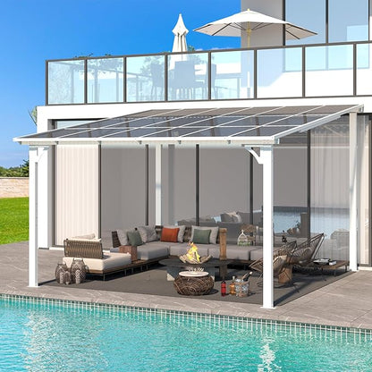 AECOJOY 12' x 12' White Gazebo Outdoor Pergola for Patio, Large Wall-Mounted Hard Top Lean to Metal Gazebo Shelter Pergolas and Gazebos Clearance with Patio Roof, Heavy Duty Awnings for Patio