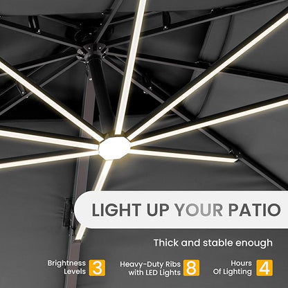 10 X 13 FT Cantilever Patio Umbrella with Led Lights and Base Included Outdoor Heavy Duty Double Top Rectangle Offset Umbrellas with 360-degree Rotation for Pool Deck Backyard, Grey