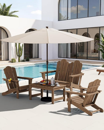 SERWALL Outdoor Coffee Table with 9FT Umbrella, HDPE Patio Coffee Table for Outside, Rectangle, Brown(Not Include Umbrella Base)