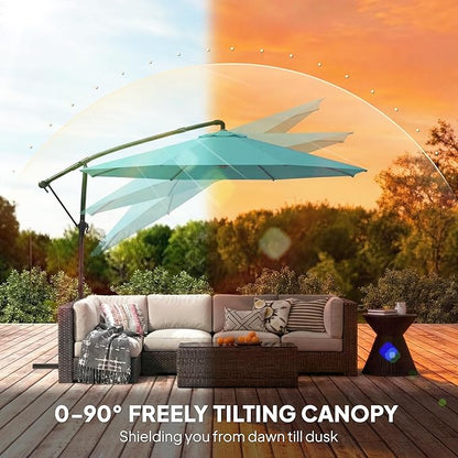 Outsunny 10 ft Offset Patio Umbrella with Cover, Round Hanging Cantilever Umbrella with 6-Position 360° Rotation, Crank Handle, Tilt, Cross Base, Heavy Duty Outdoor Umbrella for Garden