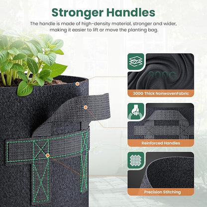 5 Pack 3 Gallon Grow Bags, Thickened Nonwoven Fabric Planter Pots with Handles, Heavy Duty 300G Garden Pots for Tomato, Potato and Vegetable