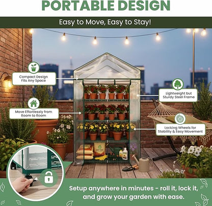 4 Tier Mini Greenhouse - Portable Greenhouse with Locking Wheels and PVC Cover for Indoor or Outdoor - 27 x 19 x 63-Inch Green House by Pure Garden