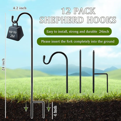 12 Pcs 24 Inch Shepherds Hook for Outdoor Adjustable Bird Feeder Pole Metal Steel Shepard Hooks for Hummingbird Stand Feeder Pole for Garden Plant, Lantern, Hanging Wedding Decor