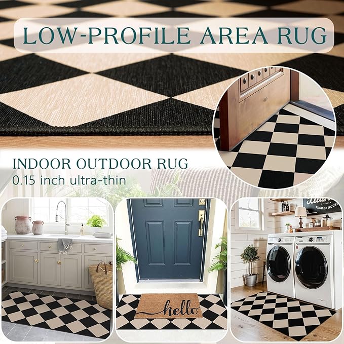Outdoor Rug Black Checkered Non-Slip Door Mat, 2 x 4.3 Ft