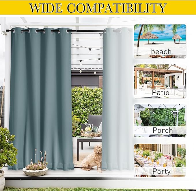 NICETOWN 2 Panels Weighted Blackout Outdoor Curtains for Patio Waterproof, Grommet & Back Tab on top and Bottom Windproof Privacy Thermal Drapes for Cabana with Fixed Rope, W52 x L95, Greyish Blue