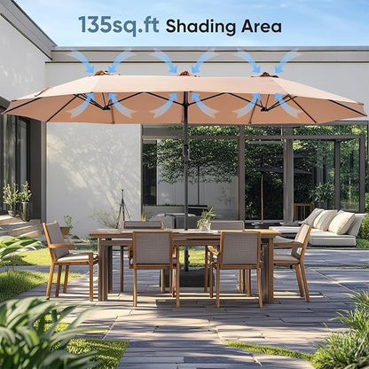 DUMOS 15FT Large Patio Umbrella with Base Included, Heavy Duty Extra Wide Outside Umbrella with 12 Ribbed Bars, Rectangle Outdoor Table Umbrella for Patio, Backyard, Pool, Deck & Garden,Khaki