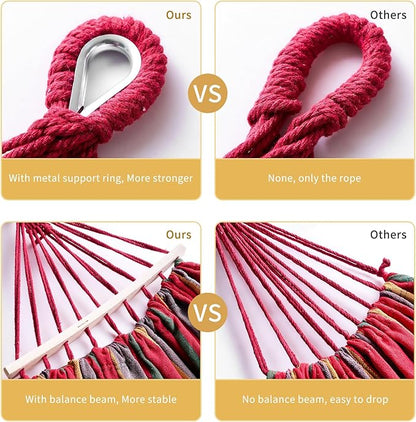 Hammock, Cotton Canvas Hammock Portable Camping Hammock with Carrying Bag Two Anti Roll Balance Beam Metal Carabiner Ropes and Tree StrapsSuit for Indoor,Yard,Camping,Outdoor-Rainbow
