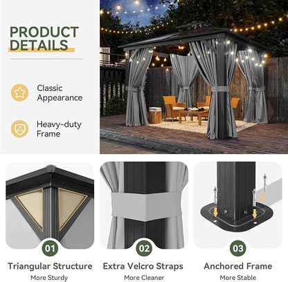 Aoxun 10'x10' Hardtop Gazebo, Outdoor Polycarbonate Double Top Canopy, Aluminum Frame Gazebo with Netting and Curtains, Sunshade for Patios, Gardens, Lawns, Gray