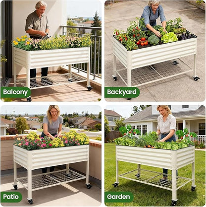 Elevated Raised Garden Bed 2' x 4' - Galvanized Planter Boxes with Legs, Wheels, and Storage Rack, Outdoor Planters for Backyard/Patio/Balcony with Drainage Holes for Vegetables, Flowers, Herbs, White