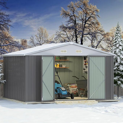 Greesum 10×8FT Outdoor Storage Shed, Metal Patio Storaged Sheds with Lockable Doors, Sheds & Outdoor Storage for Patio, Backyard, Pool and Garden, Gray