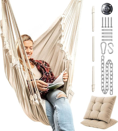 Hanging Hammock Chair Swing – Hanging Chair Outdoor & Indoor - Hammock Swing Chair – Quick & Easy Setup with Hardware Kit – Durable & Spacious Full Body Support with 2 Plush Cushions – Holds 440 Lbs
