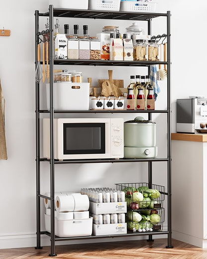 Storage Shelves - 5-Tier Large Capacity Shelf Organizer with Hooks, Heavy-Duty Garage Shelving with Leveling Feet, Wobble-Free Rack for Bedroom, Balcony, Garage, 32.1"×12.4"×71.4", Black