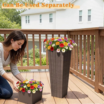 Greesum 24 Inch Tall Plastic Planters with Rattan Texture – Set of 2, Detachable Inner Pot & Drainage Holes, Indoor/Outdoor Decorative Flower Pots for Large Plants, Trees, Patio, and Garden, Brown