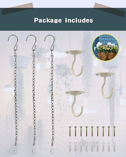 NACETURE Ceiling Hooks for Hanging Plants 3 Pack - Plant Hanger Indoor Hanging Hooks Metal Plant Bracket Iron Lanterns Hangers for Wind Chimes (White 3 Pack + Chain)