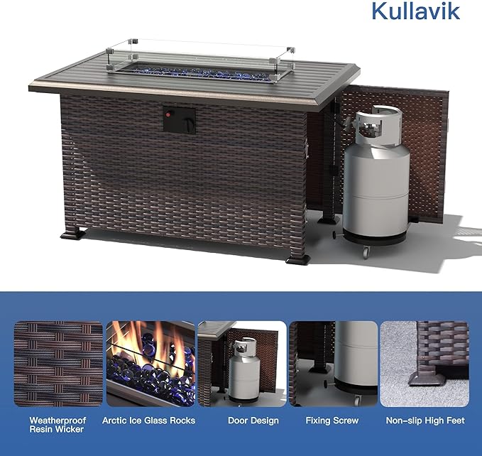 Kullavik 10 Pieces Outdoor Patio Furniture Set with 43" 55000BTU Gas Propane Fire Pit Table PE Wicker Rattan Sectional Sofa Patio Conversation Sets,Navy Blue